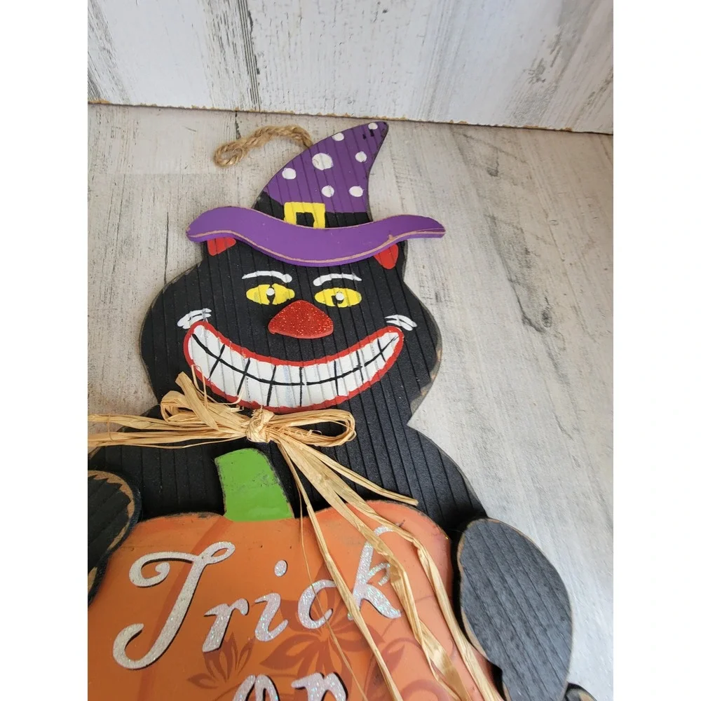 Halloween black cat trick or treat hanging sign pumpkin witch hat home